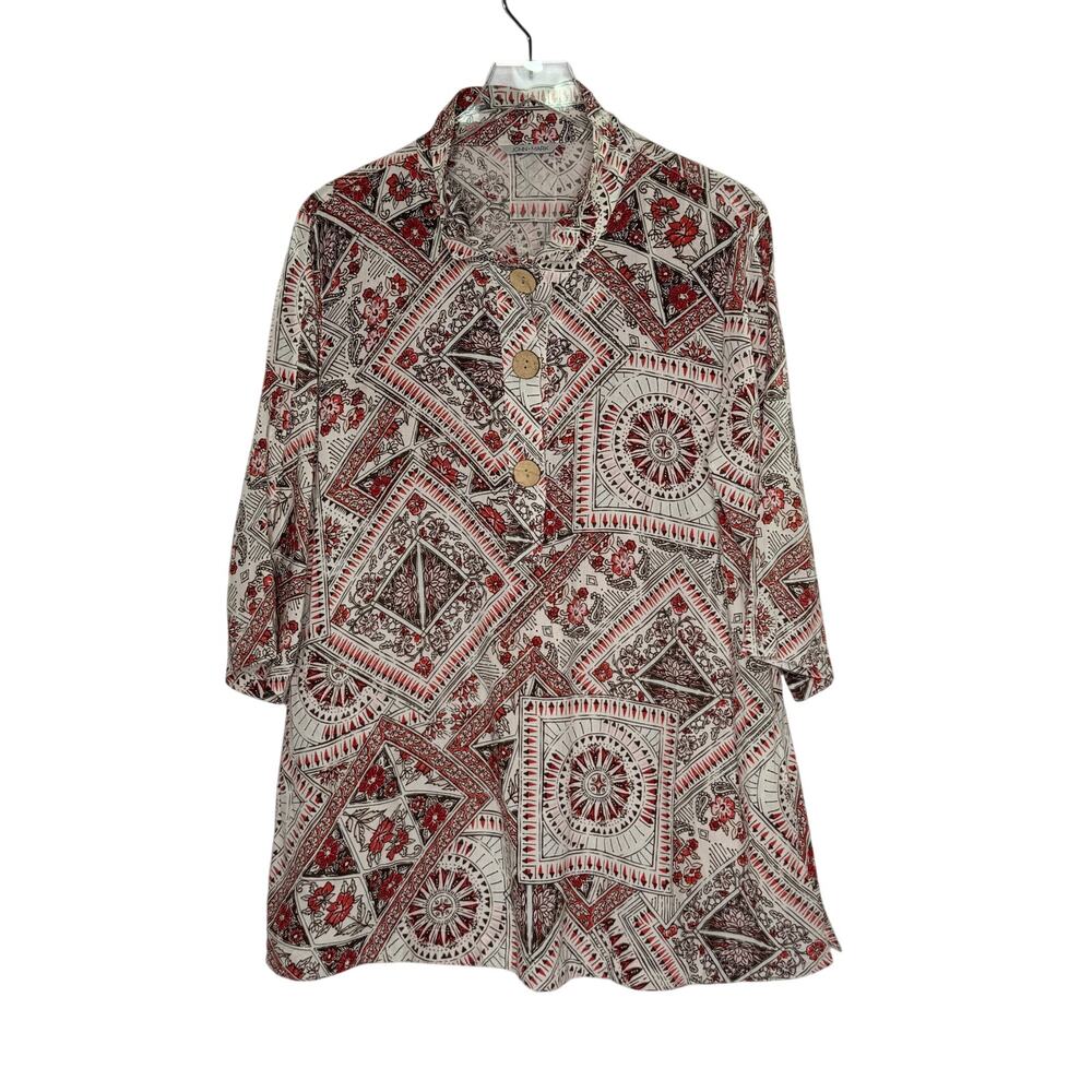 John Mark Linen Blend Tunic Top XL Floral Art to Wear Button Details *flaw